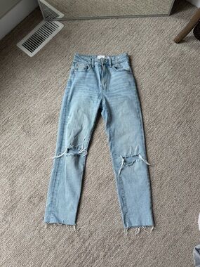 stradivarius Light Blue Straight-Leg Distressed Jeans